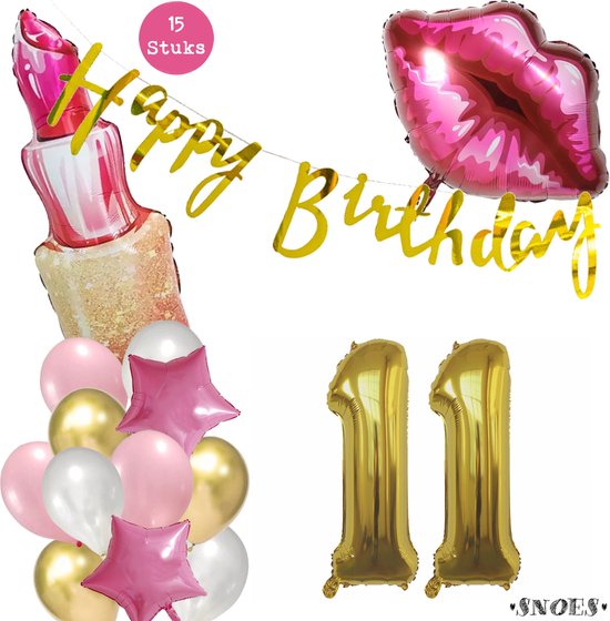 Snoes Beauty Helium Ballonnen Set 11 Jaar - Roze Folieballonnen - Slinger Happy Birthday Goud