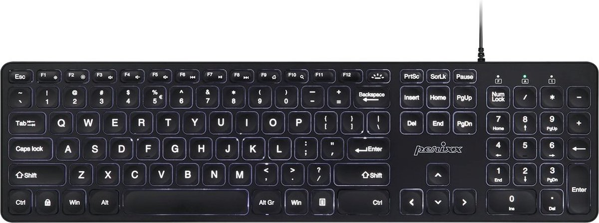 Perixx Periboard 331 Bedraad toetsenbord met grote letters en Backlight - Concave Scissor toetsen - Zachte klik - QWERTY/US - Full size