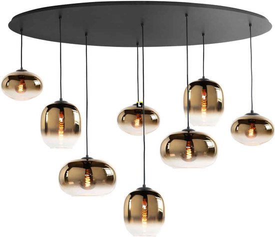 Zwarte ovale eettafellamp | 8 lichts | goud / amber / zwart | glas / metaal | in hoogte verstelbaar tot 130 cm | 140 cm breed | eetkamer / eettafel lamp | modern / sfeervol design