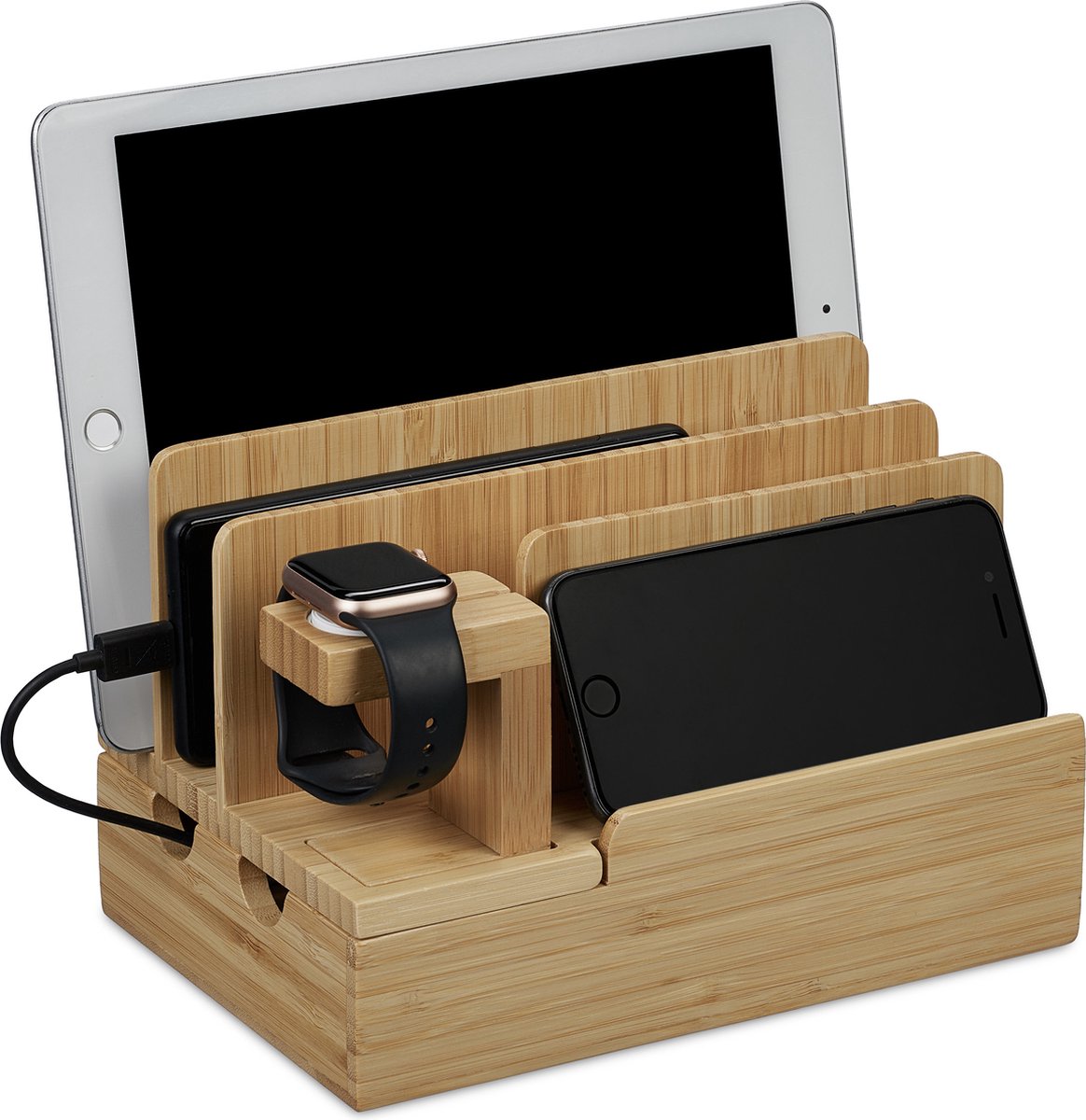 Relaxdays oplaadstation bamboe - voor meerdere apparaten - geschikt voor apple watch