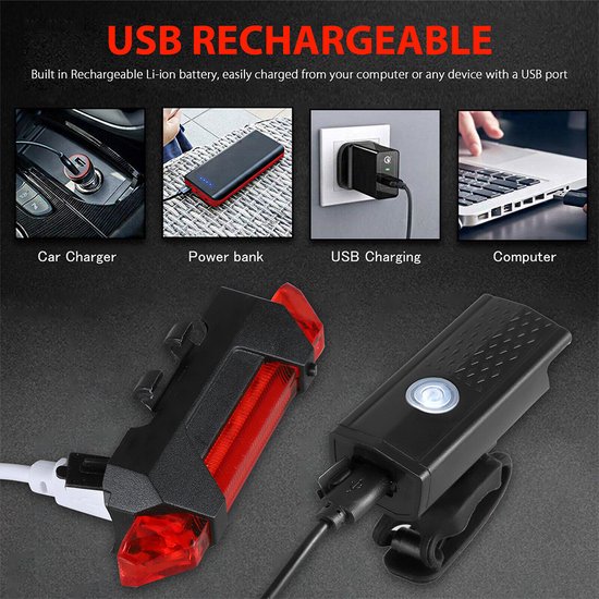 Fietsverlichting Set - Fietslamp LED - Voorlicht - Oplaadbare USB Led Fietslamp - Koplamp fiets - Waterdicht - 3 Lichtstanden - Zwart — afbeelding 5