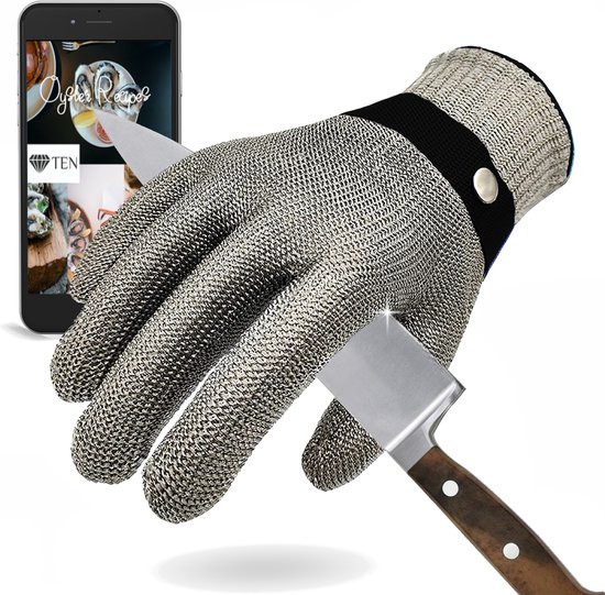 TEN Oesterhandschoen RVS Maat L met Binnenhandschoen + 50 Recepten eBook & Giftcard - Slagershandschoen - Snijbestendige handschoenen - Zwart