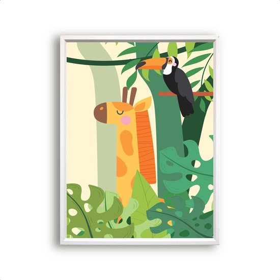 Postercity - Poster blije lachende giraf en toekan in de jungle - Jungle/Safari Dieren Poster - Kinderkamer / Babykamer - 30x21cm / A4