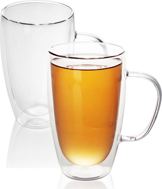 Intirilife 2x dubbelwandig thermoglas set in 400 - 500ml - koffiemok thermoglas thermoglazen mondgeblazen geïsoleerd latte macchiato theeglas koffieglas met handvat