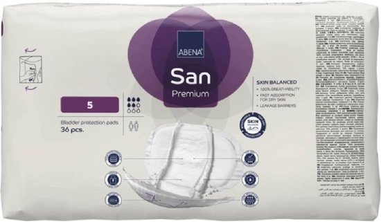 Abena San Premium 5 verpakking met 36 incontinentieproducten. Inclusief tekst over huidbalans, ademend vermogen en lekbarrières.
