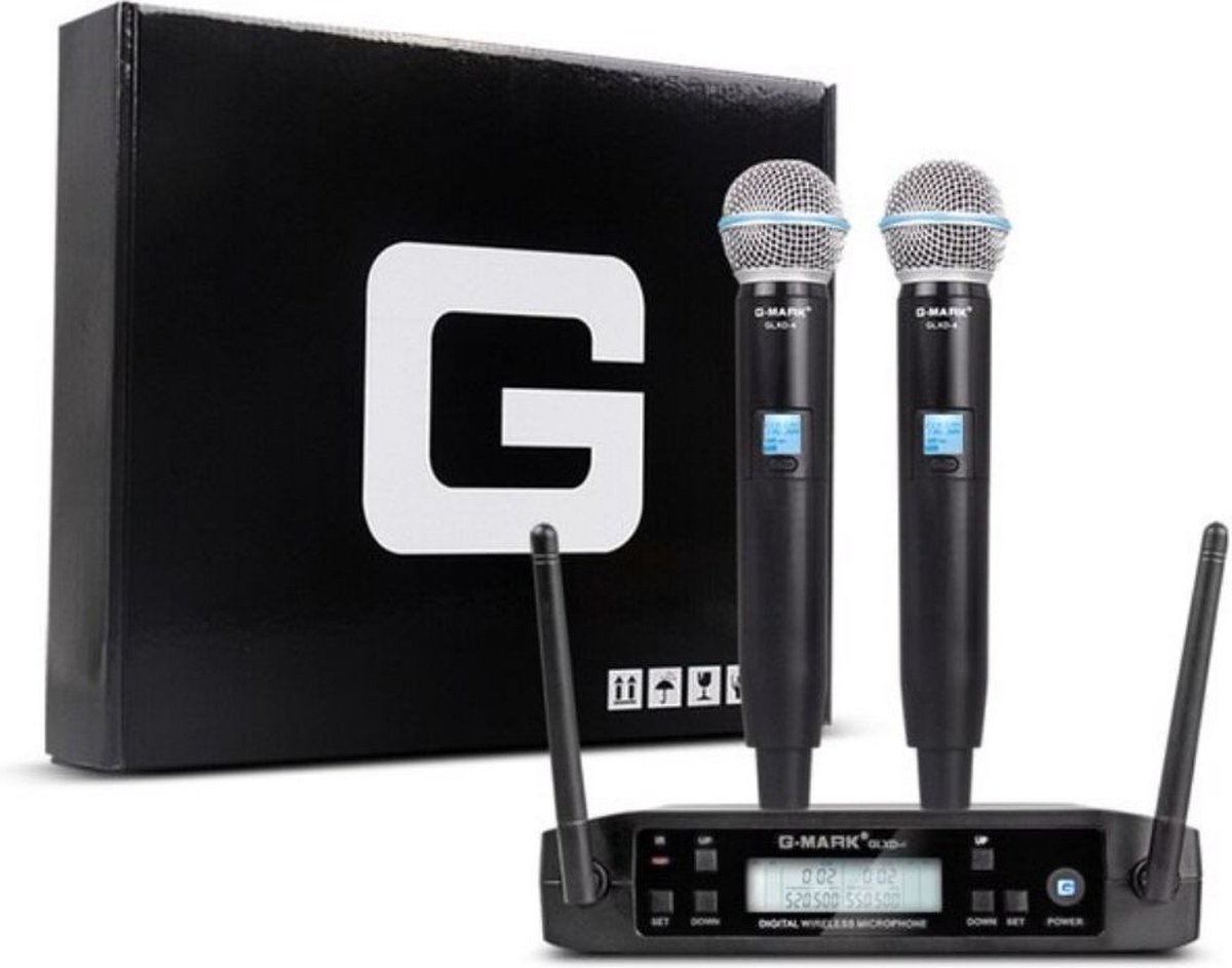 G-MARK D4 Professionele Draadloze Microfoon | 2 Microfoons | Microfoon Draadloos | Microfoon Karaoke | Draadloos microfoonsysteem | DJ Set | Microfoonset