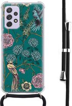 Hoesje met koord geschikt voor Samsung Galaxy A52 5G - Vogels Japanse bloemen - Inclusief zwart koord - Crossbody beschermhoes - Transparant, Groen - Mooie Telefoonhoesjes