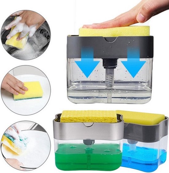 Soap Press Zeepdispenser met spons | Zeeppomp Dispenser | Sponshouder met zeep | Herbruikbaar en Duurzaam | Duurzaam ABS | Keuken accessoires | Inclusief gratis spons