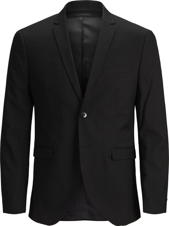 Zwarte blazer met één knoop en twee klepzakken.