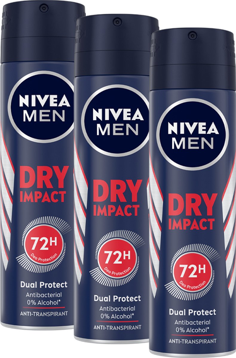 NIVEA MEN Dry Impact Deodorant Spray - 3 x 150 ml - Voordeelverpakking