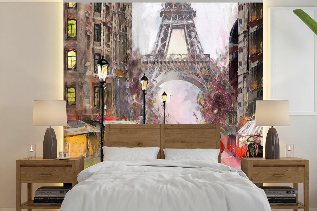Behang - Fotobehang Schilderij - Parijs - Eiffeltoren - Paraplu - Olieverf - Breedte 220 cm x hoogte 220 cm