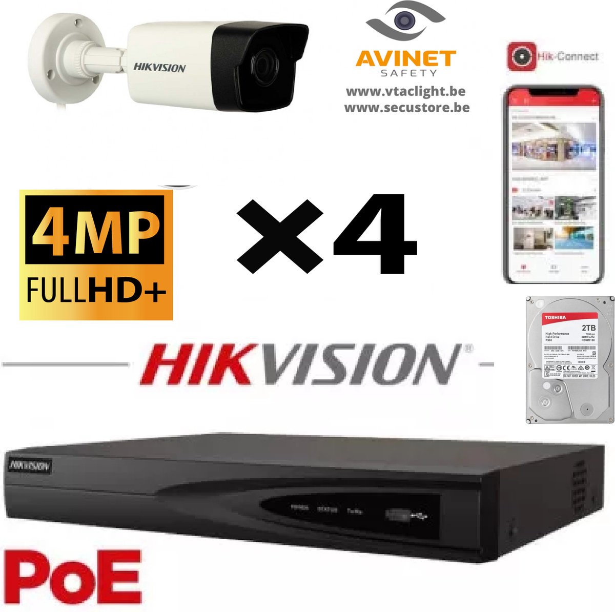 HIKVISION IP Camera Kit 4x Camera Bullet Lite Serie 4MP NVR 8xChannel POE- 2TB Hard Drive Max 8x Camera