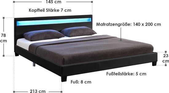 Gestoffeerd bed Paris - 140 x 200 cm - Zwart - LED Verlichting