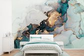 Behang - Fotobehang Blauw - Marmer - Goud - Breedte 450 cm x hoogte 300 cm