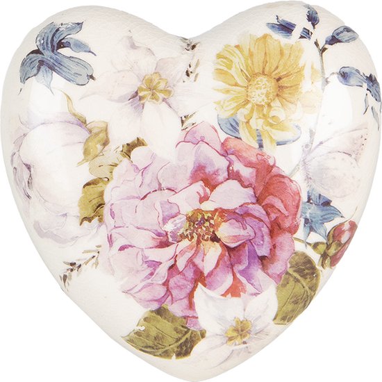 Clayre & Eef Décoration Coeur 8x8x4 cm Rose Beige Céramique Fleurs