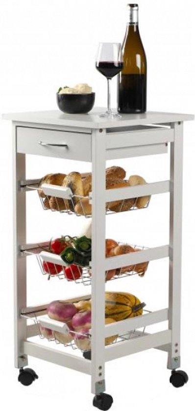 DESSERTE DE RANGEMENT BLANC AVEC TIROIR 3 PANIERS EN METAL 37XH76CM