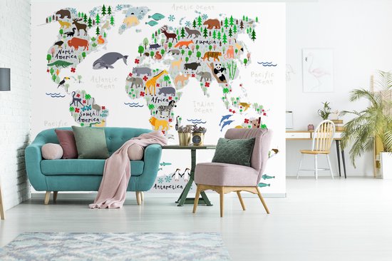 Papier peint - Papiers Papier peint photo Wereldkaart - Enfants - Animaux - Plantes - Largeur 375 cm x Hauteur 280 cm
