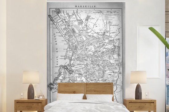 Behang - Fotobehang Illustratie van een historische stadskaart van het Europese Marseille - zwart wit - Breedte 195 cm x hoogte 300 cm - Plattegrond