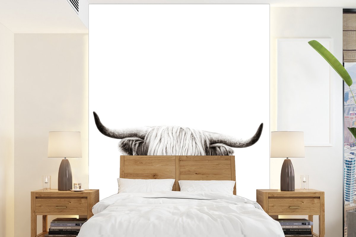 Behang - Fotobehang Schotse hooglander - Dieren - Zwart - Wit - Breedte 195 cm x hoogte 260 cm