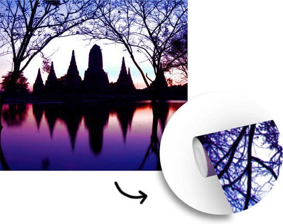 Papier peint Papier peint photo Wat Chaiwatthanaram - Silhouette de Wat Chaiwatthanaram, Thaïlande largeur 220 cm x hauteur 220 cm - Impression photo sur papier peint vinyle (7 tailles disponibles) - chambre/salon/bureau
