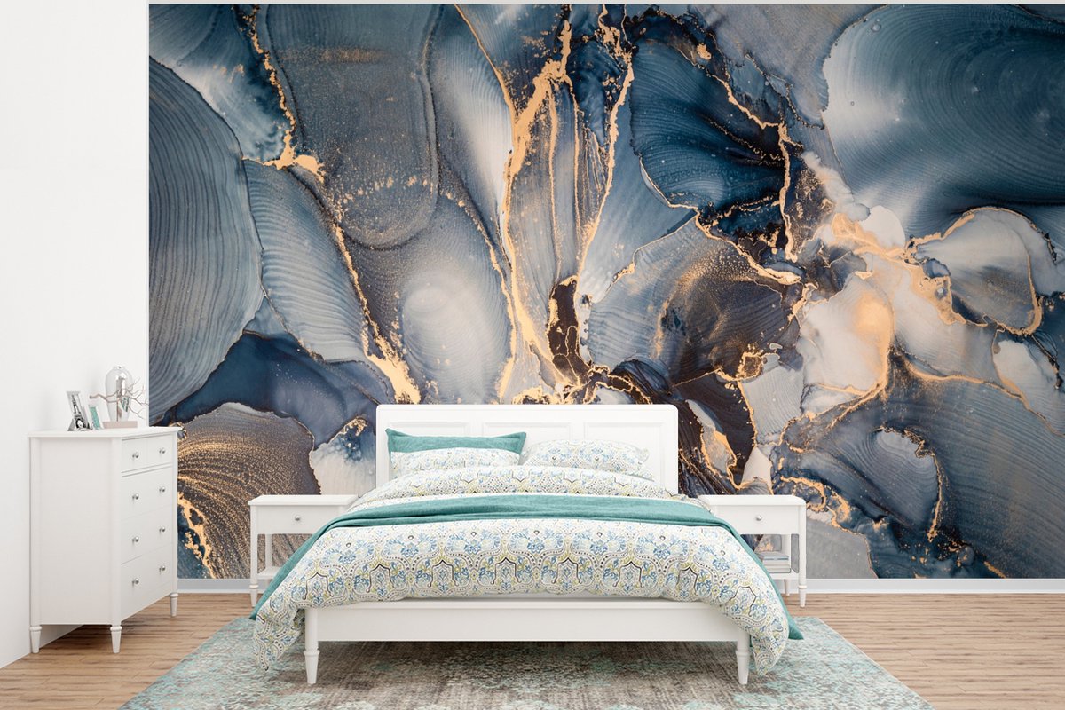 Behang - Fotobehang Marmer - Grijs - Blauw - Luxe - Goud - Breedte 350 cm x hoogte 260 cm
