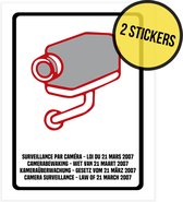 Pictogram/ sticker | Camerabewaking Wetgeving maart 2007 | 19 x 25 cm | 4 talen | NL/ FR/ ENG/ DE | Wettelijk verplicht | CCTV | Législation sur la surveillance par caméra Mars 2007 | Nederlands | Engels | Frans | Duits | 2 stuks