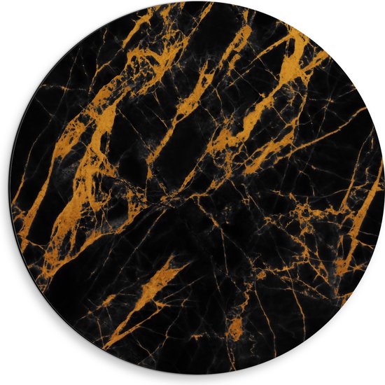 Dibond Muurcirkel - Zwart met Oranje Marmer - 50x50 cm Foto op Aluminium Muurcirkel (met ophangsysteem)