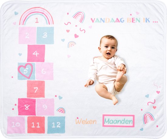 Foto: Flouer mijlpaaldeken hinkelbaan milestone deken kraamcadeau meisje mijlpaaldeken baby babyshower meisje cadeau baby meisje kraamcadeautjes mijlpaal deken milestone blanket babyshower cadeau