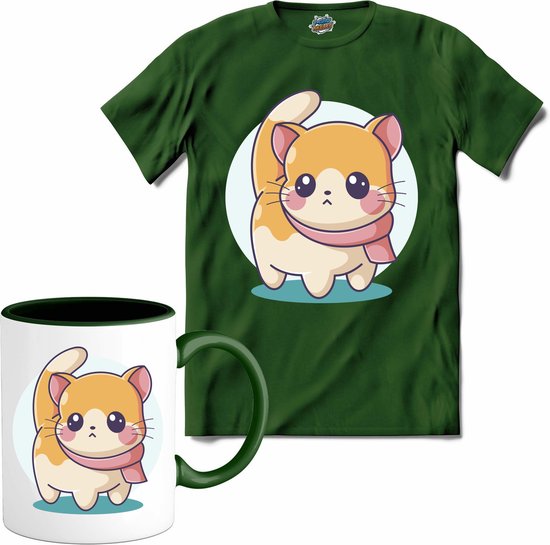 Cute Cat | Katten - Kat - Cats - T-Shirt met mok - Unisex - Bottle Groen - Maat L