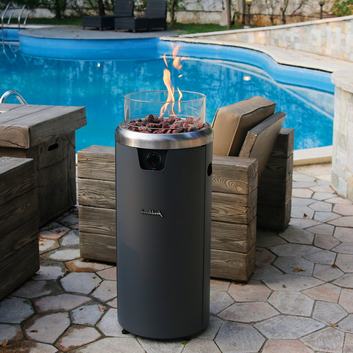 BUSCHBECK FARO Lounge Terrasverwarmer 7.5 kW – Mat Grijs Incl. gasdrukregelaar 50 mbar, gasslang 50 cm, lavastenen en afdekhoes – foto 7