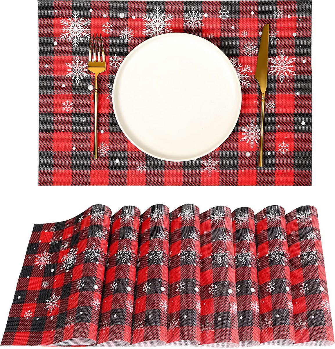 JUJIN Christmas Placemats Set van 8 antislip wasbare PVC hittebestendige tafelmatten voor eettafel Kerstmis rood