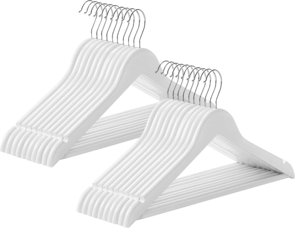 TopHangers [Set van 20] - Houten wit gelakte kledinghangers / combihangers met handige broeklat en rokinkepingen perfect voor alle soorten kleding
