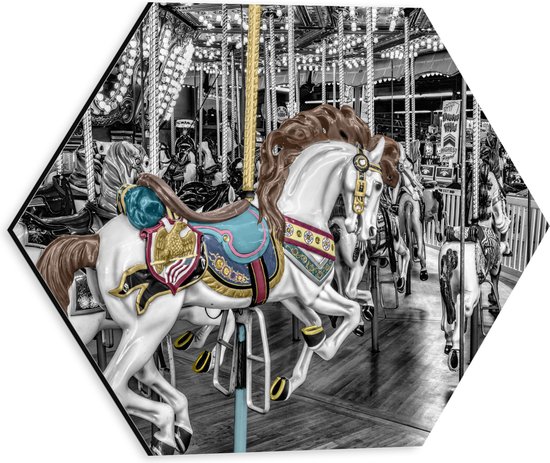 Dibond Hexagon - Sierlijk Paard in Carrousel - 30x26.1 cm Foto op Hexagon (Met Ophangsysteem)