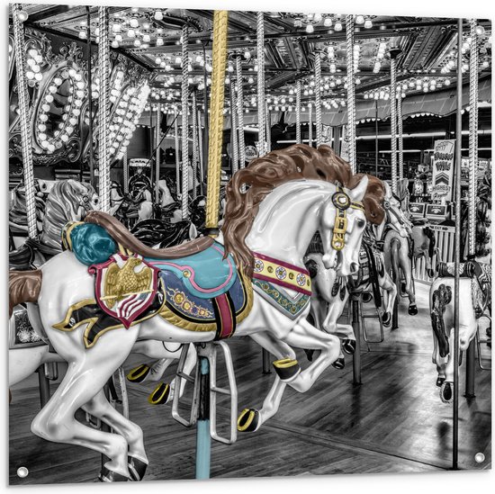 Tuinposter – Sierlijk Paard in Carrousel - 100x100 cm Foto op Tuinposter (wanddecoratie voor buiten en binnen)