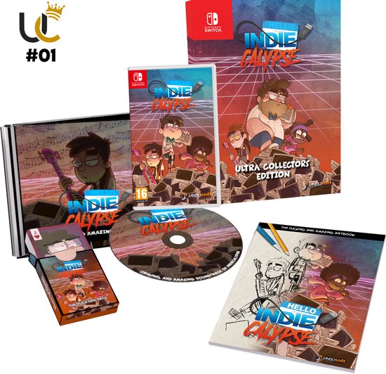 De 'Indiecalypse' Ultra Collectors Edition voor Nintendo Switch, met de game, artbook, soundtrack en een deck. De verpakking toont cartoonfiguren.