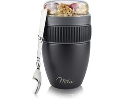 Milu Muesli Beker To Go | Yoghurt Beker To Go 400 ml | Geïsoleerde Roestvrijstalen Yoghurtbeker Voor Muesli | Lekvrije Mueslibeker met Lepel voor Yoghurt/Pap (Zwart)