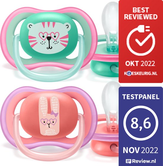 Philips Avent Ultra Air Fopspeen - Ouder dan 18 Maanden - 2 Speentjes - Roze/Groen Poes/Konijn - SCF349/15 — afbeelding 2