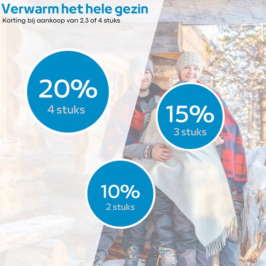 Een koppel in winterkleding, omarmend elkaar met een deken. Korting bij aankoop van 2,3 of 4 stuks. "Verwarm het hele gezin".