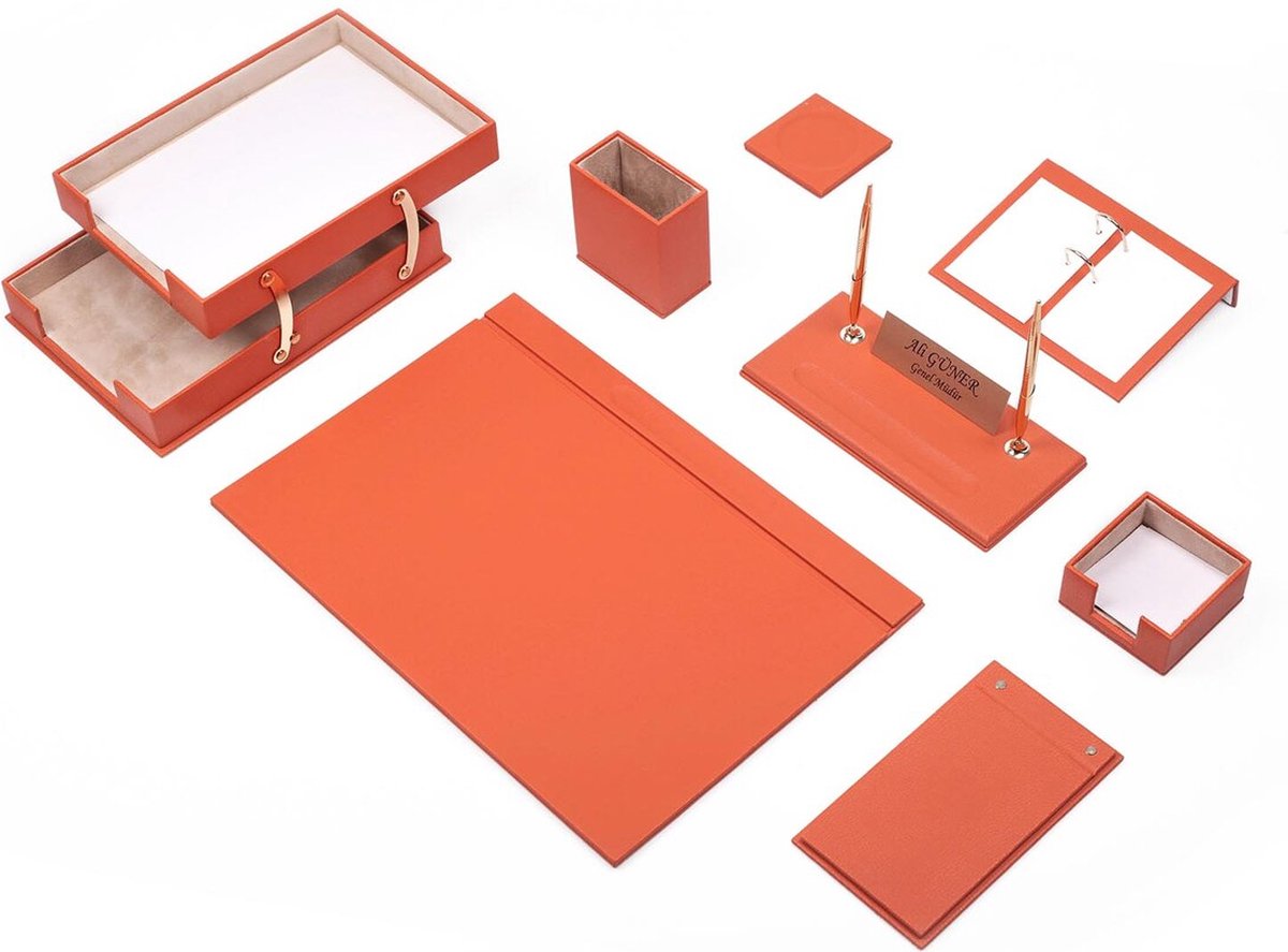 Lederen Bureauset - Kleur ORANGE - Bureau Organizer - Bureau opbergruimte - Lederen onderzetter - Bureauaccessoires - 10 Accessoires