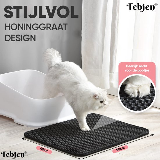 Zwarte kattenbakmat met honingraatpatroon van 40x50cm, heerlijk zacht voor de pootjes van je kat.
