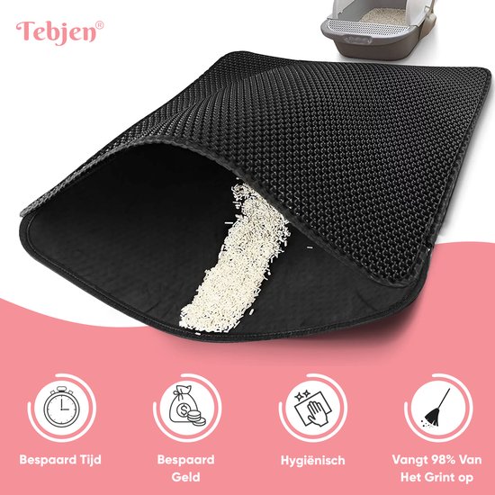 TEBJEN Kattenbakmat – 40cm * 50cm - Kattenbak Mat Grit Opvanger - Schoonloop Katten mat – Dubbele Waterdichte Laag – Uitloopmat Kattenbak – Kattenbak Accessoires - Met Speelgoedmuisje En Schepje - Zwart