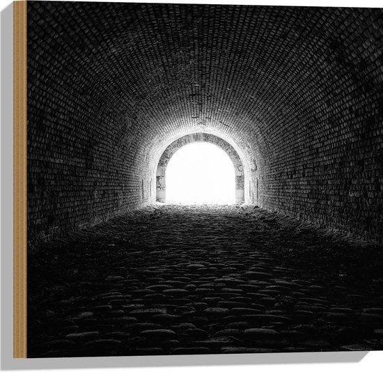 WallClassics - Hout - Donkere Tunnel - 50x50 cm - 9 mm dik - Foto op Hout (Met Ophangsysteem)