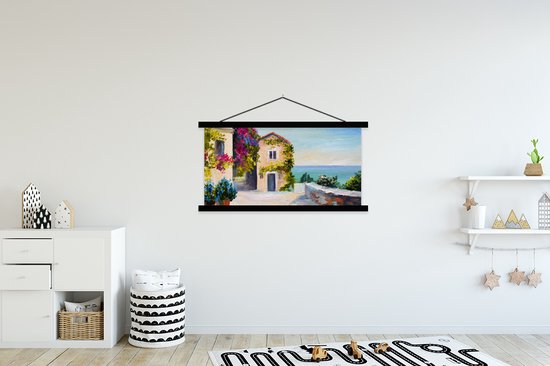 Porte-affiche avec affiche - Affiche scolaire - Peinture - Maison - Peinture à l'huile - Village - 120x60 cm - Lattes noires