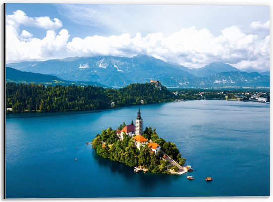 WallClassics - Dibond - Île entourée d'eau - Lac de Bled - Photo 40x30 cm sur aluminium (avec système de suspension)