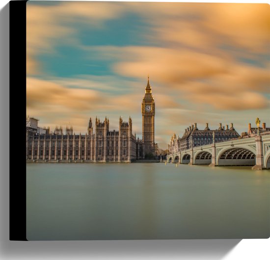 WallClassics - Canvas - Big Ben aan het Water - Londen - 30x30 cm Foto op Canvas Schilderij (Wanddecoratie op Canvas)