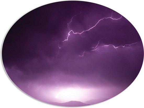 WallClassics - Panneau de mousse PVC ovale - Éclairs dans un ciel violet - 108x81 cm Photo sur ovale (avec système de suspension)