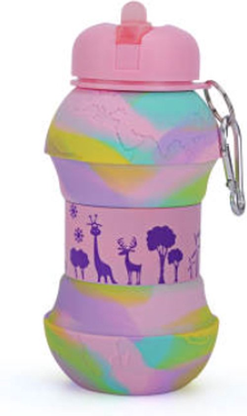 Wereld kaart Roze 600 ml waterfles voor kinderen - Pop it waterfles - Sportfles -Back to school - Stress relief features - Manks Kids Collections waterbottle - Easy fold waterfles - Reis waterfles