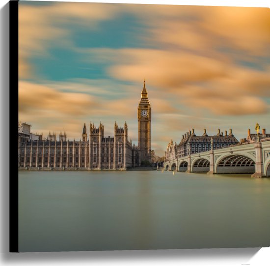 WallClassics - Canvas - Big Ben aan het Water - Londen - 60x60 cm Foto op Canvas Schilderij (Wanddecoratie op Canvas)