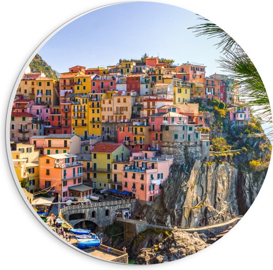 WallClassics - Plaque de Mousse PVC Cercle Mural - Maisons Colorées sur la Berg - Italie - 20x20 cm Photo sur Cercle Mural (avec système d'accrochage)