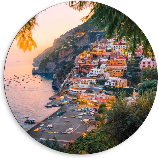 WallClassics - Dibond Wall Circle - Maisons sur une Berg au bord de la mer - Italie - 80x80 cm Photo sur Aluminium Wall Circle (avec système d'accrochage)